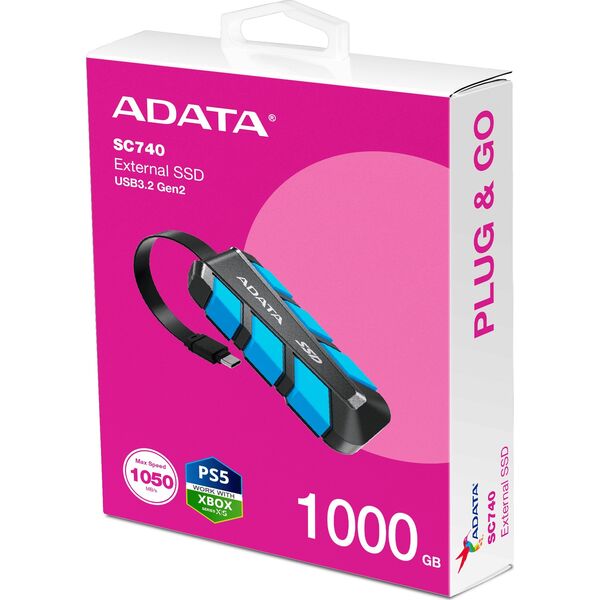ADATA External SSD 1TB SC740, USB-C 3.2 Gen2, Černo-modrá