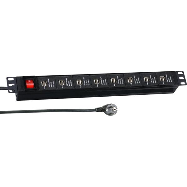 EFB EFB 48,26cm 19Zoll 1HE Steckdosenleiste 16 x USB A mit Schalter schwarz Zuleitung 3m je 2,1 A pro 2 Ports