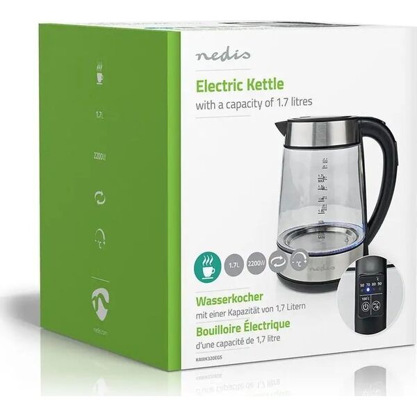 Nedis Nedis KAWK320EGS czajnik elektryczny 1,7 l 2200 W Stal nierdzewna, Przezroczysty