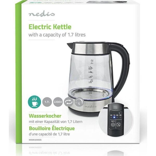 Nedis Nedis KAWK320EGS czajnik elektryczny 1,7 l 2200 W Stal nierdzewna, Przezroczysty