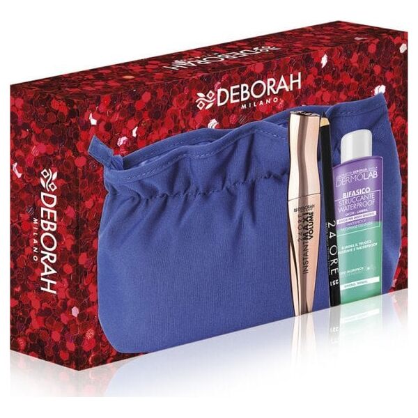 Σετ Deborah: 24 Ore Extra, Gel Pencil Eyeliner, Μαύρο, 1.5 g + Dermolab Bifasico, Υαλουρονικό Οξύ, Λοσιόν Αφαίρεσης Μακιγιάζ, 50 ml + Τσάντα Μακιγιάζ, Μπλε + Instant Maxi Volume, Ογκώδης, Μάσκαρα, Μαύρο, 11 ml Για Γυναίκες