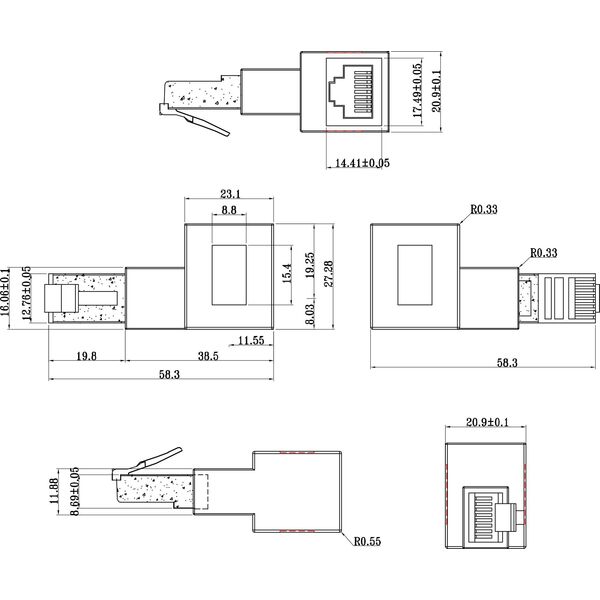 Eaton INLINE Patchkabel Adapter Cat.6A RJ45 Stecker Buchse 90 Grad nach links gewinkelt