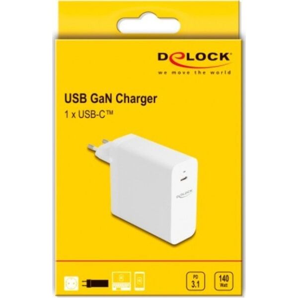 Φορτιστής DeLOCK DeLOCK USB GaN 1x USB-C, 140 Watt (λευκό, PD 3.1)