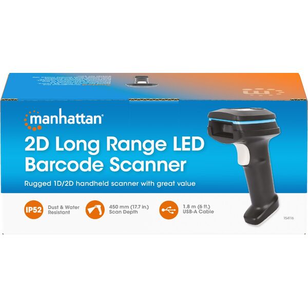 Manhattan MANHATTAN 2D Long Range LED-Barcodescanner 50 mm Scanreichweite abnehmbares 1,8 m USB-A-Kabel 60 Scans/sec. 100K Lux Schutzart IP52