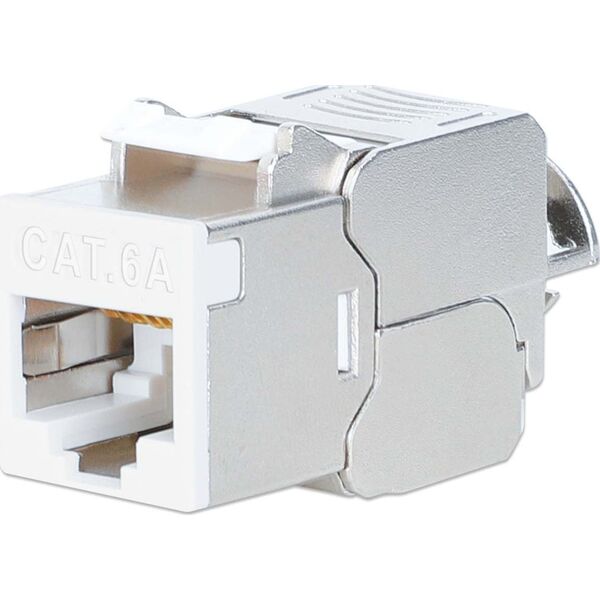 Intellinet Network Solutions INTELLINET Cat6a 10G Slimline Keystone-Modul STP werkzeuglos mit Rastclip f�r Massivdraht vergoldete Kontakte Metallgeh�use weiss