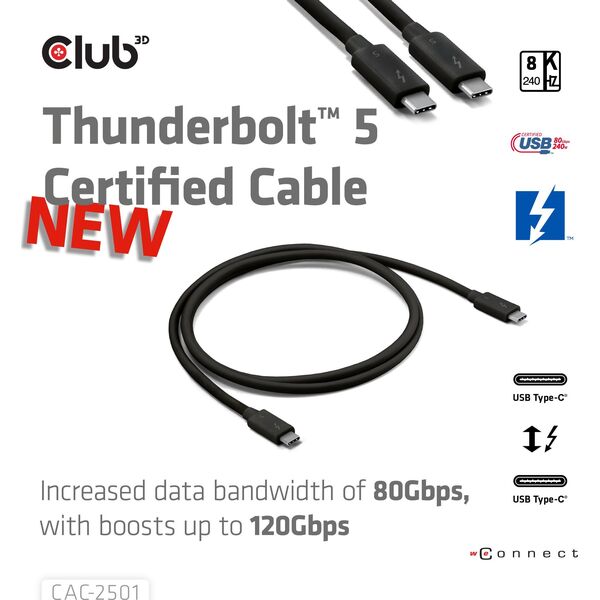 Club3D Kabel Thunderbolt 5, 80/120Gbps, Certifikovaný kabel, 1x 4K540Hz, 2x8K240Hz, PD 240W, 1m