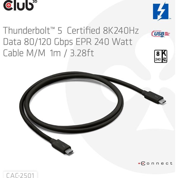 Club3D Kabel Thunderbolt 5, 80/120Gbps, Certifikovaný kabel, 1x 4K540Hz, 2x8K240Hz, PD 240W, 1m