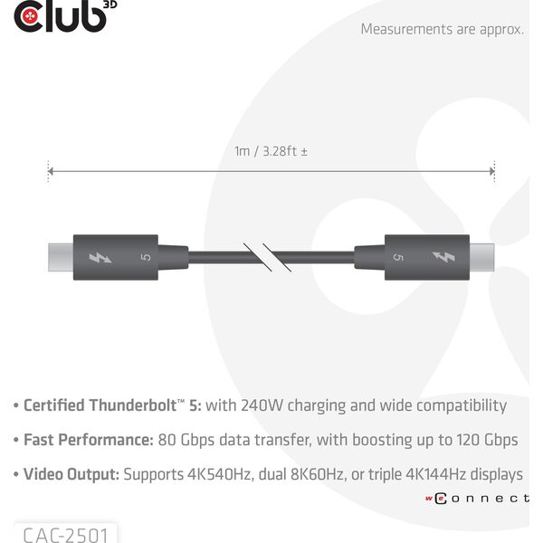 Club3D Kabel Thunderbolt 5, 80/120Gbps, Certifikovaný kabel, 1x 4K540Hz, 2x8K240Hz, PD 240W, 1m