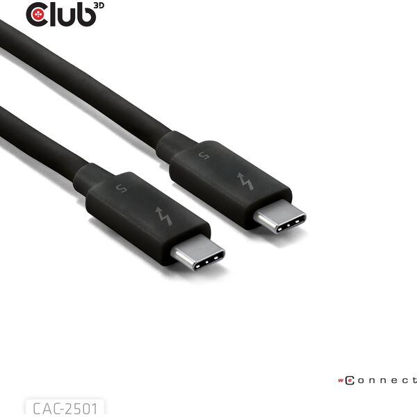 Club3D Kabel Thunderbolt 5, 80/120Gbps, Certifikovaný kabel, 1x 4K540Hz, 2x8K240Hz, PD 240W, 1m