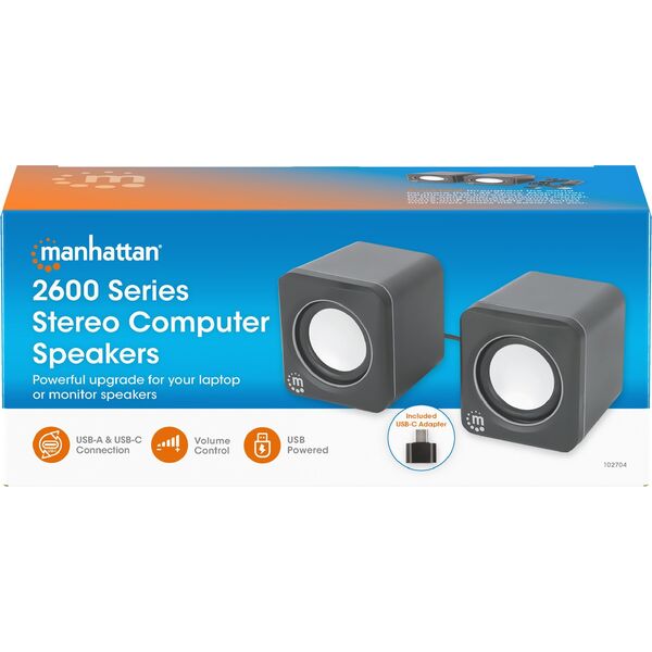 MANHATTAN Lautsprecher f�r PC und Laptop 2600 Series zwei verbundene Lautsprecher 1,4 m USB-Kabel USB-C/USB-A-Adapter schwarz/silber