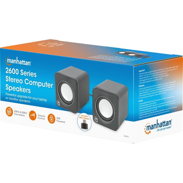 MANHATTAN Lautsprecher f�r PC und Laptop 2600 Series zwei verbundene Lautsprecher 1,4 m USB-Kabel USB-C/USB-A-Adapter schwarz/silber