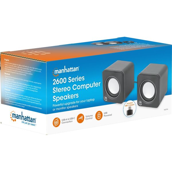 MANHATTAN Lautsprecher f�r PC und Laptop 2600 Series zwei verbundene Lautsprecher 1,4 m USB-Kabel USB-C/USB-A-Adapter schwarz/silber