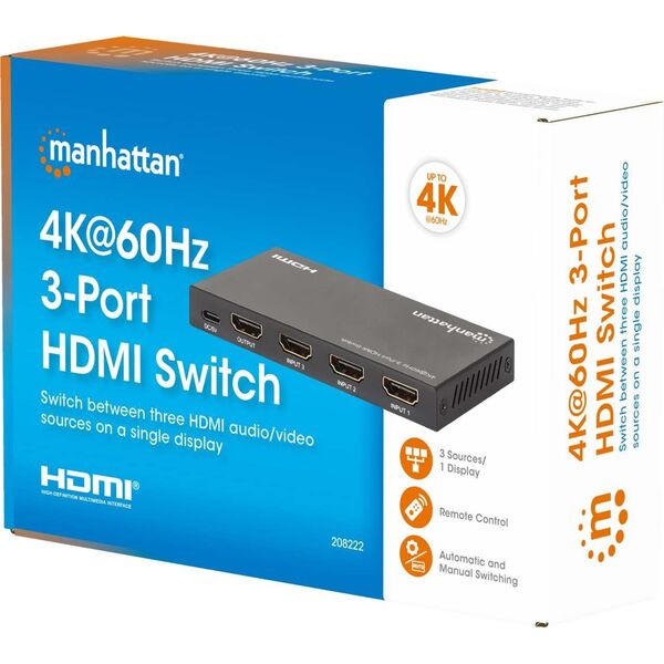 MANHATTAN 4K60Hz 3-Port HDMI-Switch Zum Umschalten zwischen drei HDMI-Eing�ngen auf einem HDMI-Ausgang 3x1 18G IR Fernbedienung