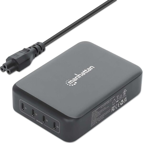 MANHATTAN 4-Port GaN USB Power Delivery-Ladestation PD 3.1 Vier USB-C PD-Ports mit bis zu 140W pro Port 240 W Gesamtleistung schwarz