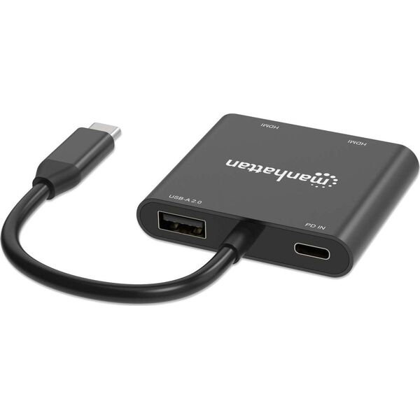 MANHATTAN USB-C auf Dual-Monitor-Adapter zwei HDMI bis 4K60Hz USB-A 480 Mbit/s und USB Power Delivery 100W Ports Aluminium schwarz