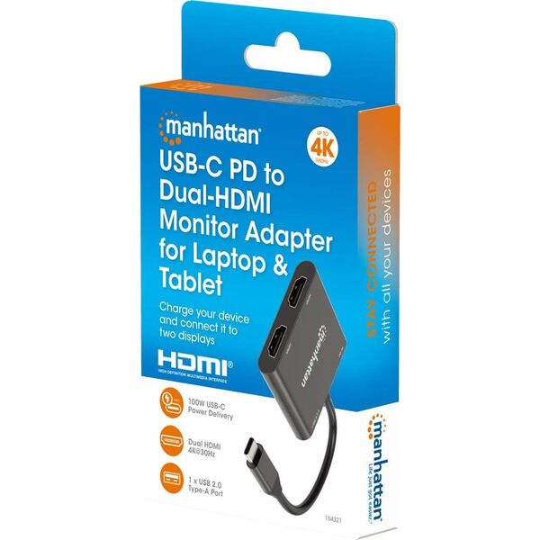 MANHATTAN USB-C auf Dual-Monitor-Adapter zwei HDMI bis 4K60Hz USB-A 480 Mbit/s und USB Power Delivery 100W Ports Aluminium schwarz