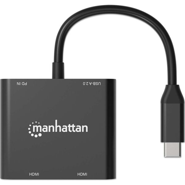 MANHATTAN USB-C auf Dual-Monitor-Adapter zwei HDMI bis 4K60Hz USB-A 480 Mbit/s und USB Power Delivery 100W Ports Aluminium schwarz
