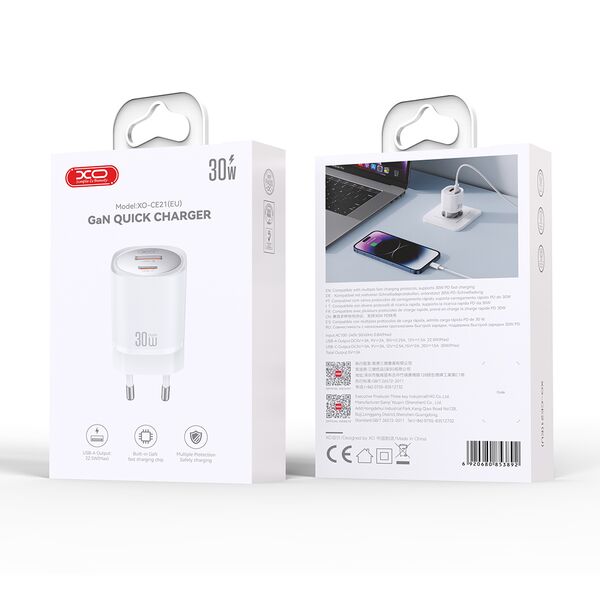 XO wall charger CE21 PD 30W 1x USB-C 1x USB white 6920680853892