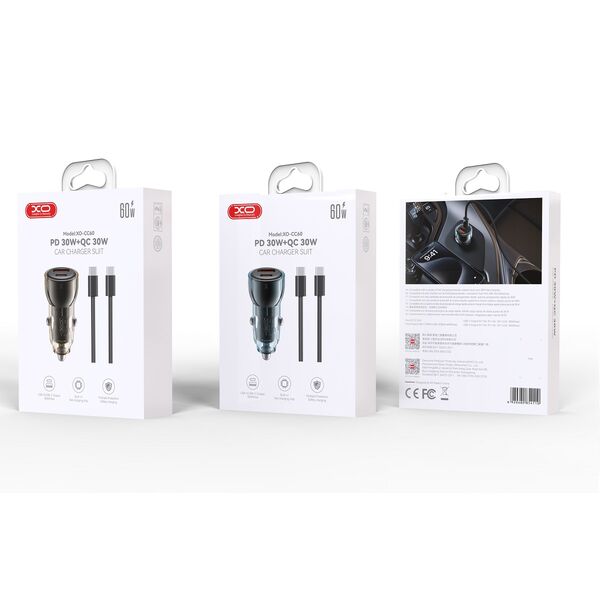 XO car charger CC60 60W 1x USB 1x USB-C blue + USB-C - USB-C cable 6920680854110