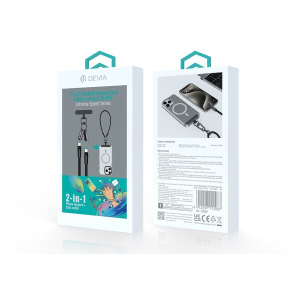Devia cable lanyard 2in1 PD USB-C - USB-C 0,3 m 60W black 6942297112087