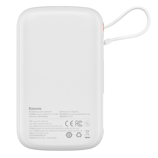 Baseus Qpow Digital Display powerbank with fast charging 10000mAh 22.5W QC/PD/SCP/FCP with built-in USB-C cable white