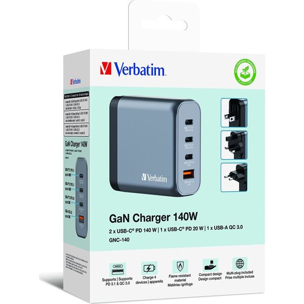 Ładowarka Verbatim Ładowarka sieciowa Verbatim GaN GNC-140 3xUSB-C PD (2x140W+20W) 1xUSB-A QC 3.0