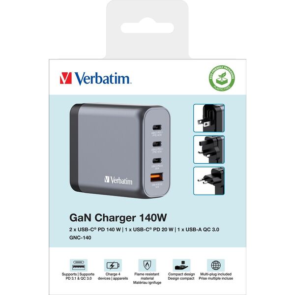 Ładowarka Verbatim Ładowarka sieciowa Verbatim GaN GNC-140 3xUSB-C PD (2x140W+20W) 1xUSB-A QC 3.0