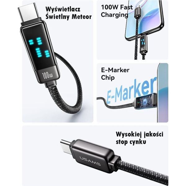 Usams USAMS Kabel USB-C na USB-C 100W 1,2m      Zinc Alloy Fast Charging Data Cable Meteor Series SJ744USB01 (US-SJ744)