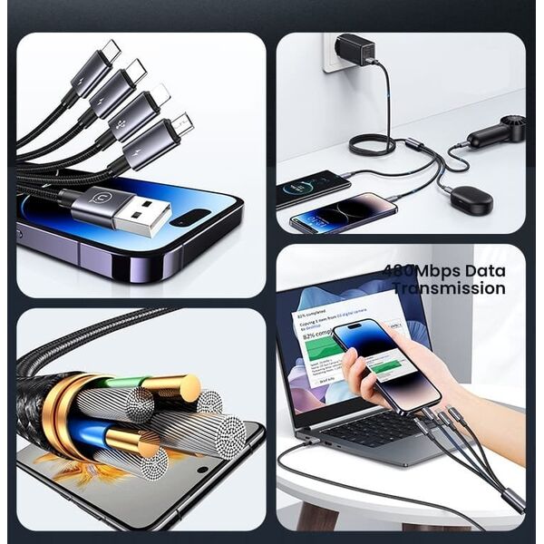 Kabel USB Usams USAMS Kabel 4w1 2xUSB-C/Lightning/MicroU SB 15W 1,2m Aluminum Alloy Data Cable Sufeng Series SJ739USB101 (US-SJ739)