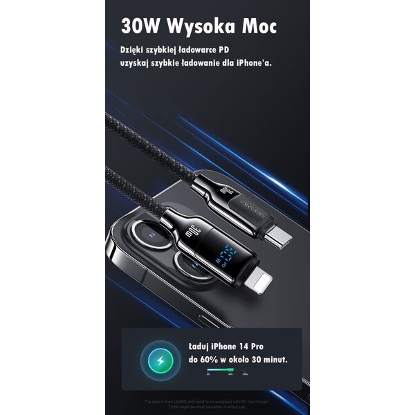 Usams USAMS Kabel USB-C na Lightning 30W 1,2m   Digital Display Zinc Alloy Fast Charging Data Cable HX Series SJ741USB01 (US-SJ741)