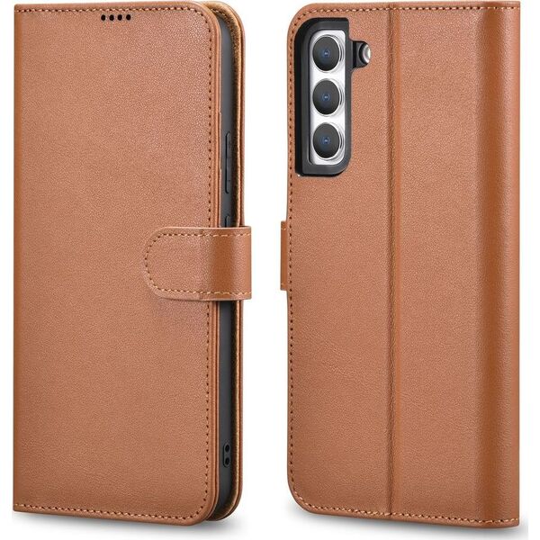 iCarer iCarer Haitang Leather Wallet Case skórzane etui do Samsung Galaxy S22+ (S22 Plus) portfel obudowa pokrowiec brązowy (AKSM05BN)