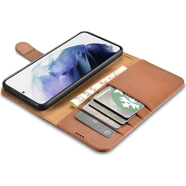 iCarer iCarer Haitang Leather Wallet Case skórzane etui do Samsung Galaxy S22+ (S22 Plus) portfel obudowa pokrowiec brązowy (AKSM05BN)
