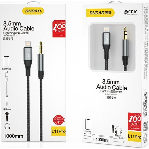 Kabel USB Dudao Lightning - mini Jack 3.5 mm 1 m Szary (DDA224)