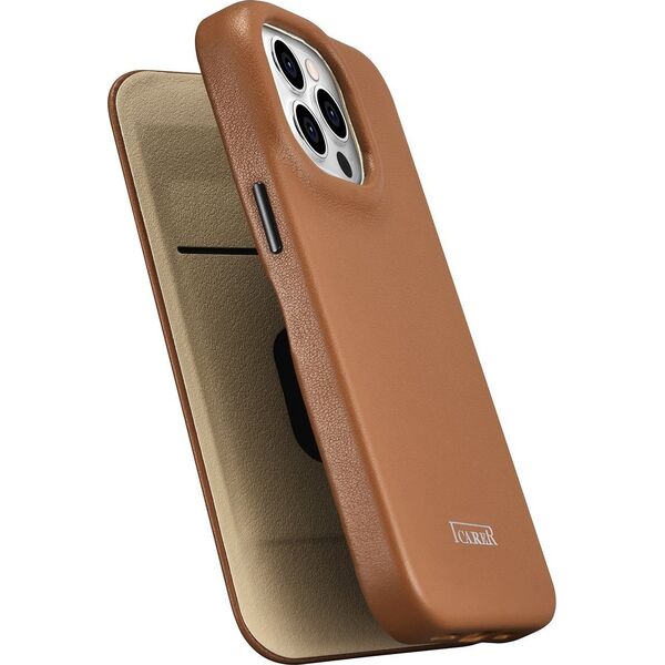 iCarer iCarer CE Premium Leather Folio Case skórzane etui iPhone 14 Pro z klapką magnetyczne MagSafe brązowy (WMI14220714-BN)