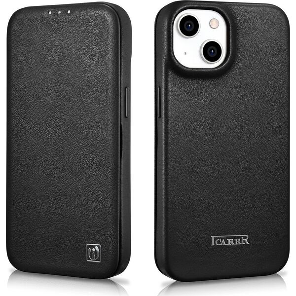 iCarer iCarer CE Premium Leather Folio Case skórzane etui iPhone 14 Plus z klapką magnetyczne MagSafe czarny (WMI14220715-BK)