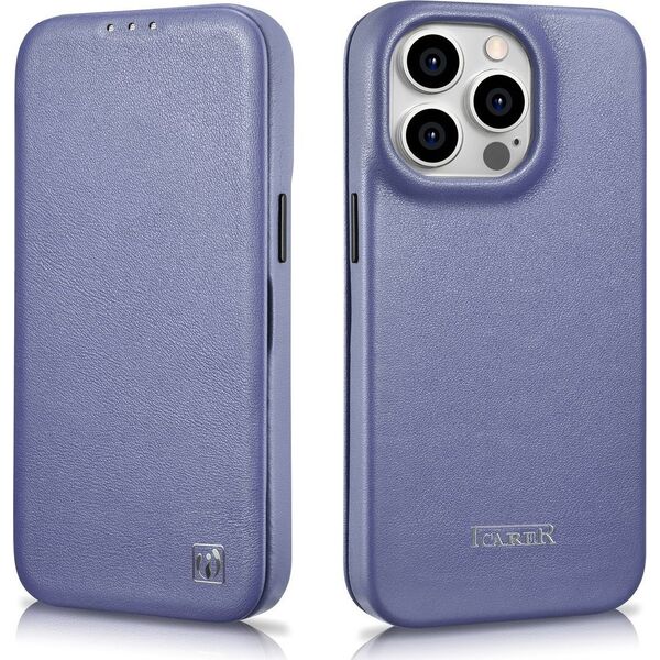iCarer iCarer CE Premium Leather Folio Case skórzane etui iPhone 14 Pro z klapką magnetyczne MagSafe jasnofioletowy (WMI14220714-LP)