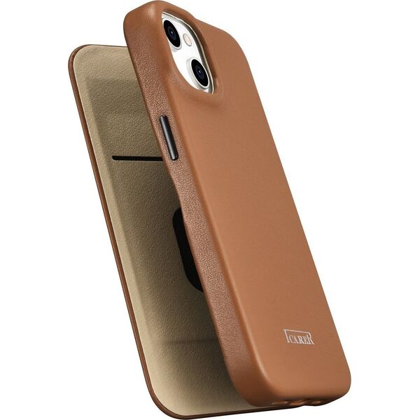 iCarer iCarer CE Premium Leather Folio Case skórzane etui iPhone 14 Plus z klapką magnetyczne MagSafe brązowy (WMI14220715-BN)