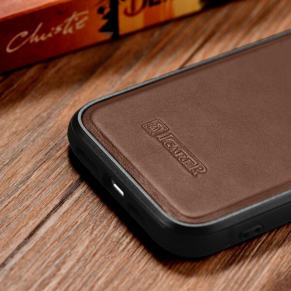 iCarer iCarer Leather Oil Wax etui pokryte naturalną skórą do iPhone 14 Plus (kompatybilne z MagSafe) brązowy (WMI14220719-BN)