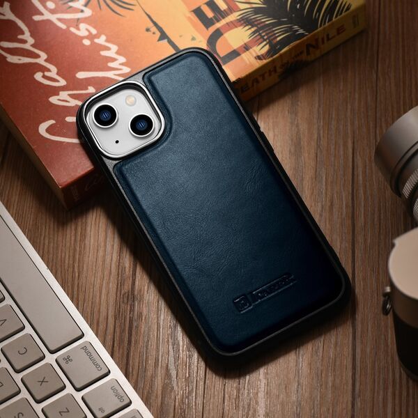 iCarer iCarer Leather Oil Wax etui pokryte naturalną skórą do iPhone 14 Plus (kompatybilne z MagSafe) niebieski (WMI14220719-BU)