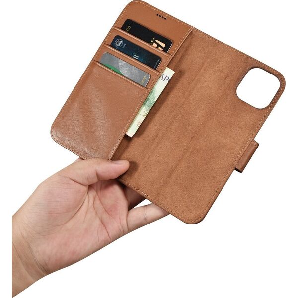 iCarer iCarer Wallet Case 2in1 etui iPhone 14 skórzany pokrowiec z klapką Anti-RFID brązowy (WMI14220725-BN)