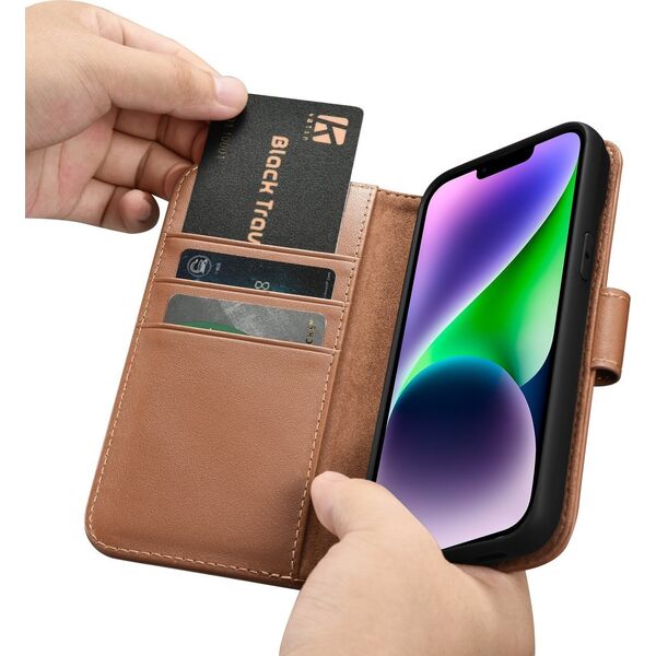 iCarer iCarer Wallet Case 2in1 etui iPhone 14 skórzany pokrowiec z klapką Anti-RFID brązowy (WMI14220725-BN)