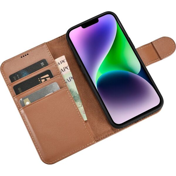 iCarer iCarer Wallet Case 2in1 etui iPhone 14 skórzany pokrowiec z klapką Anti-RFID brązowy (WMI14220725-BN)