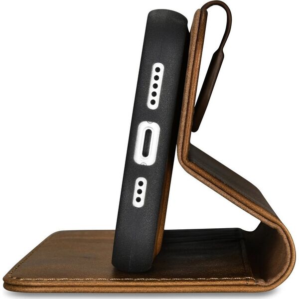iCarer iCarer Oil Wax Wallet Case 2in1 etui iPhone 14 Pro skórzany pokrowiec z klapką Anti-RFID brązowy (WMI14220722-TN)