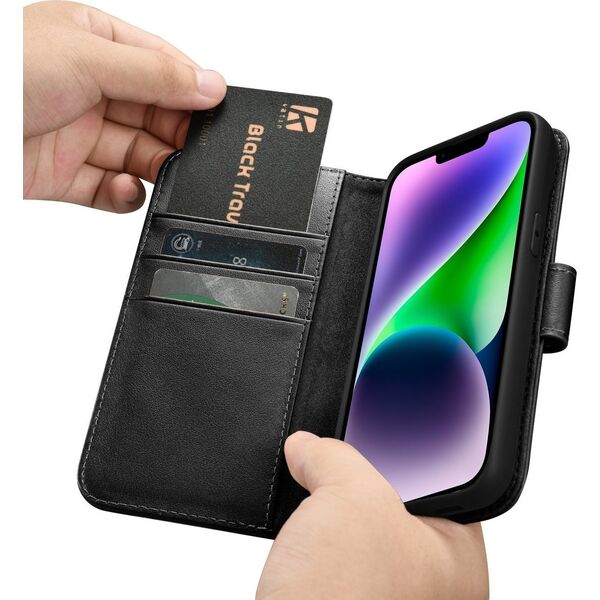 iCarer iCarer Wallet Case 2in1 etui iPhone 14 skórzany pokrowiec z klapką Anti-RFID czarny (WMI14220725-BK)