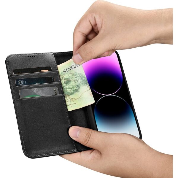 iCarer iCarer Wallet Case 2in1 etui iPhone 14 Pro skórzany pokrowiec z klapką Anti-RFID czarny (WMI14220726-BK)