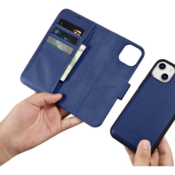 iCarer iCarer Wallet Case 2in1 etui iPhone 14 skórzany pokrowiec z klapką Anti-RFID niebieski (WMI14220725-BU)