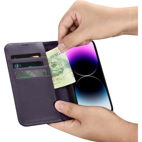 iCarer iCarer Wallet Case 2in1 etui iPhone 14 Pro skórzany pokrowiec z klapką Anti-RFID ciemnofioletowy (WMI14220726-DP)