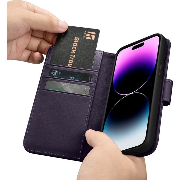 iCarer iCarer Wallet Case 2in1 etui iPhone 14 Pro skórzany pokrowiec z klapką Anti-RFID ciemnofioletowy (WMI14220726-DP)