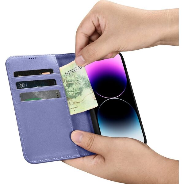 iCarer iCarer Wallet Case 2in1 etui iPhone 14 Pro skórzany pokrowiec z klapką Anti-RFID jasnofioletowy (WMI14220726-LP)