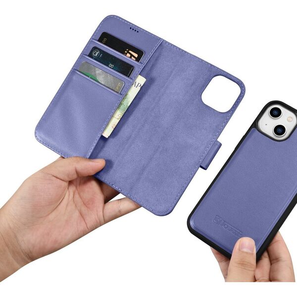 iCarer iCarer Wallet Case 2in1 etui iPhone 14 Plus skórzany pokrowiec z klapką Anti-RFID jasnofioletowy (WMI14220727-LP)